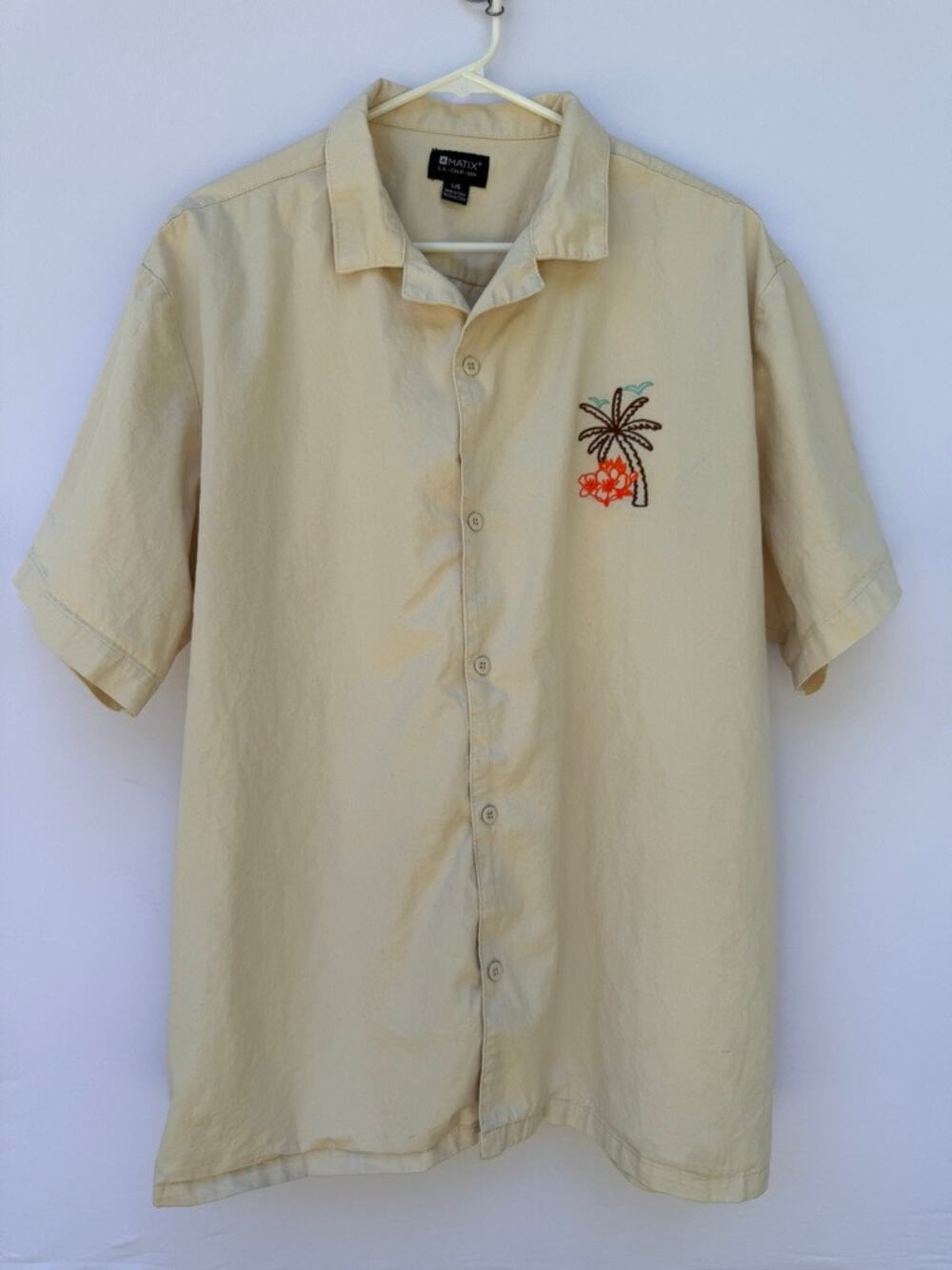 Matix Mens Large Short Sleeve Button Up Camp Shirt Beige Cotton Palm Tree Floral